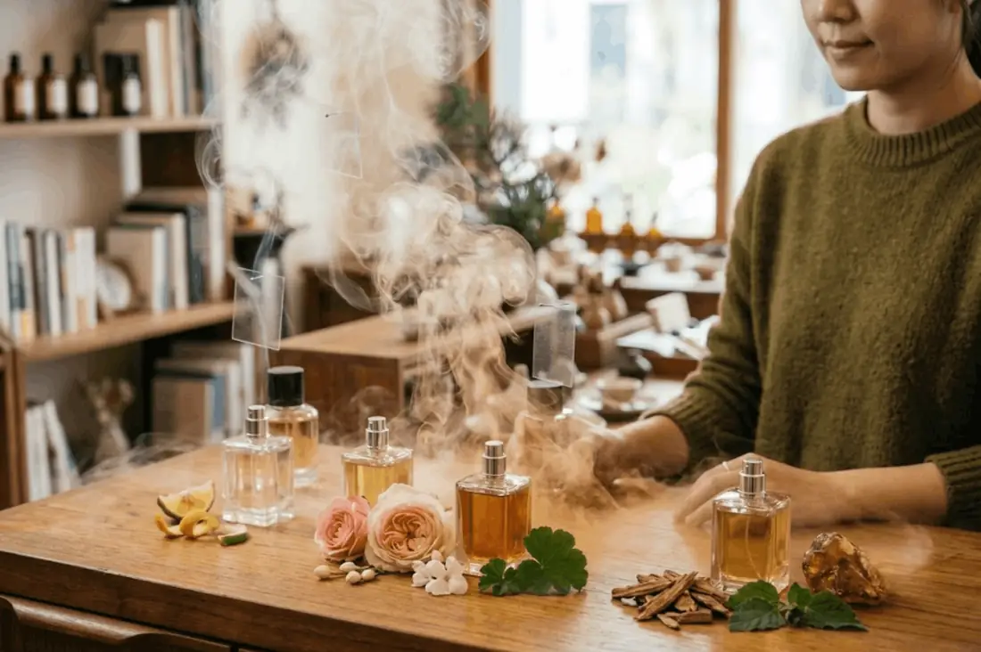 木桌上並排的香水瓶、玫瑰與木片,桌後站著一位穿毛衣的女子